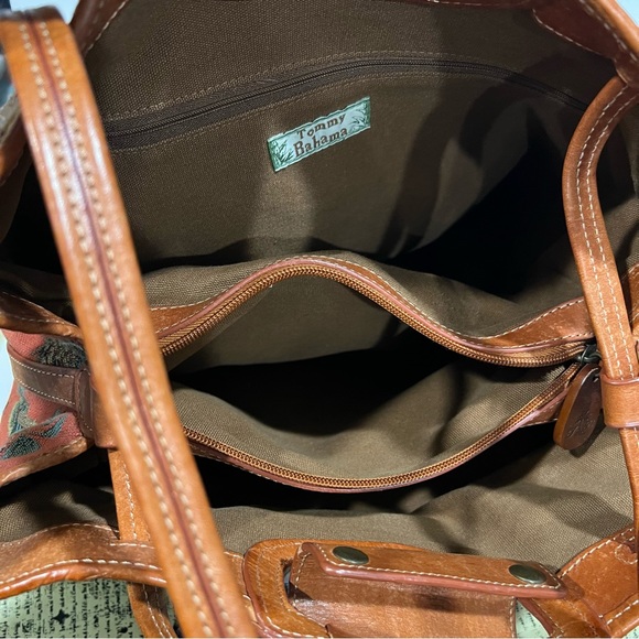 Vintage Tommy Bahama Large Palm Tree Canvas Brown Leather Bag - Picture 3 of 4